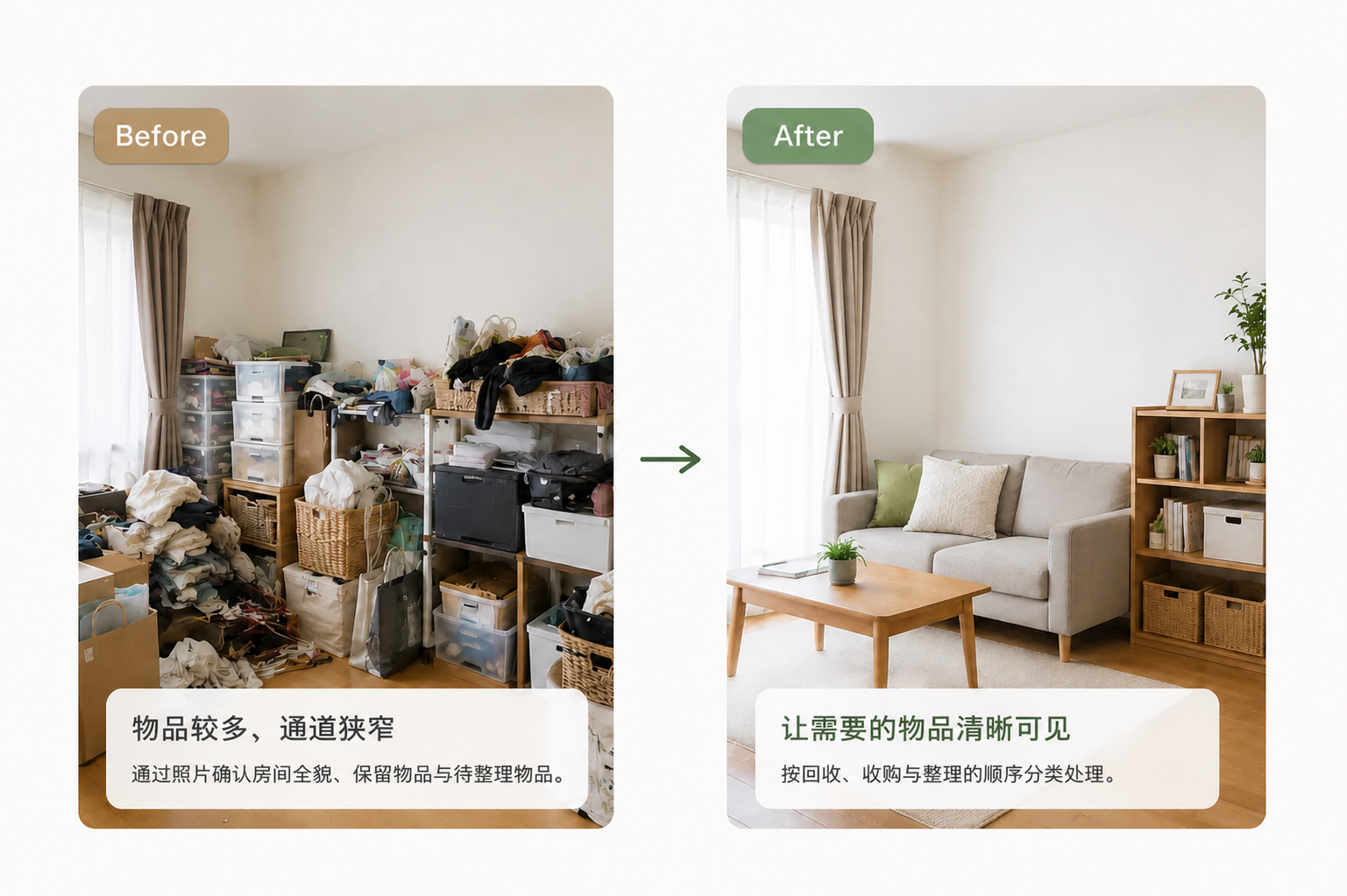 整理前与整理后的居住空间对比